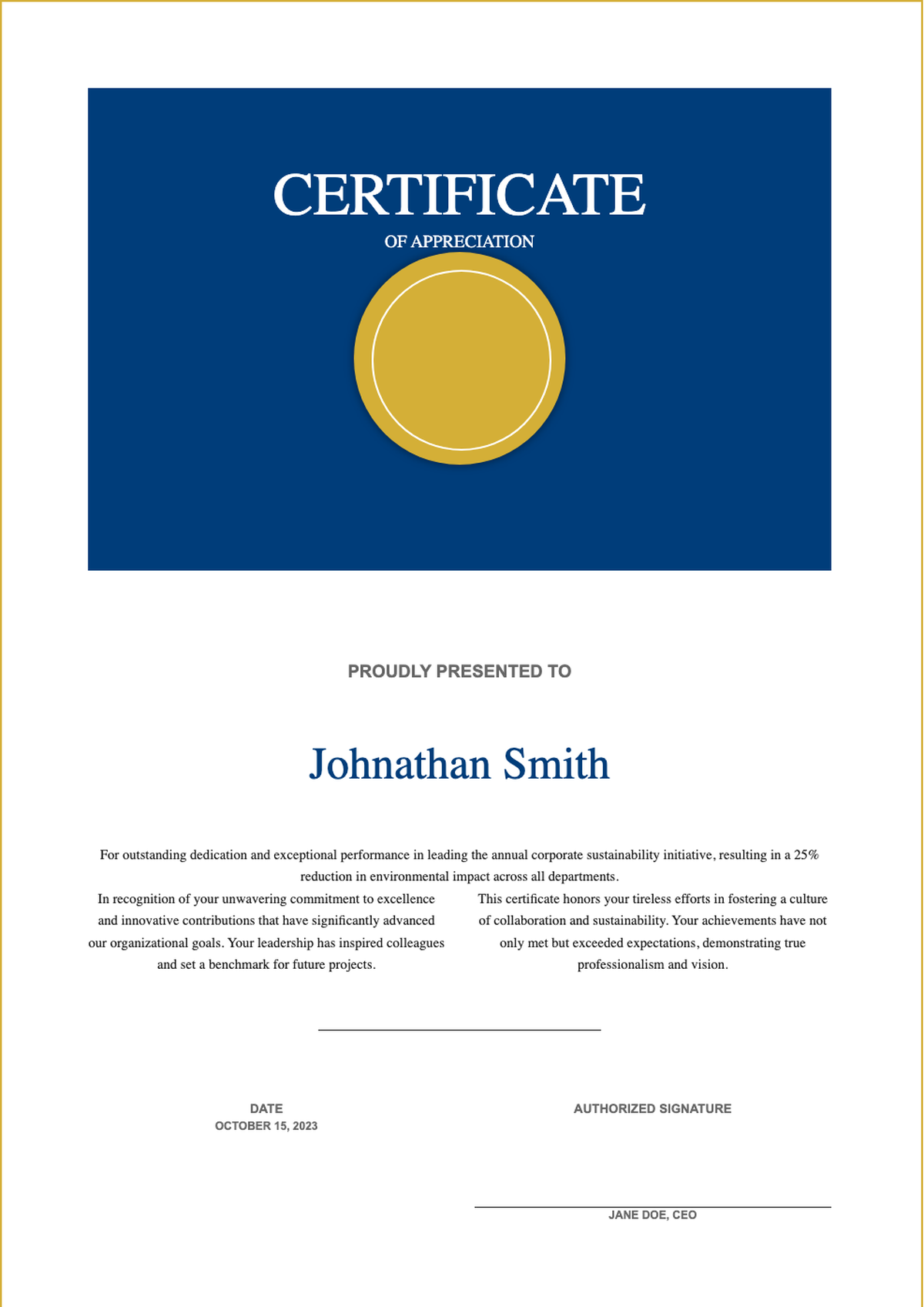 Elegant certificate of appreciation with blue gold accents and award seal_variant_1